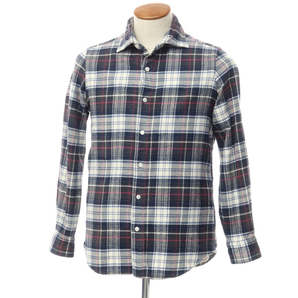 [Used] Finamore Cotton Check Wide Collar Casual Shirt Navy x White [M] [Condition Rank C] [Men&