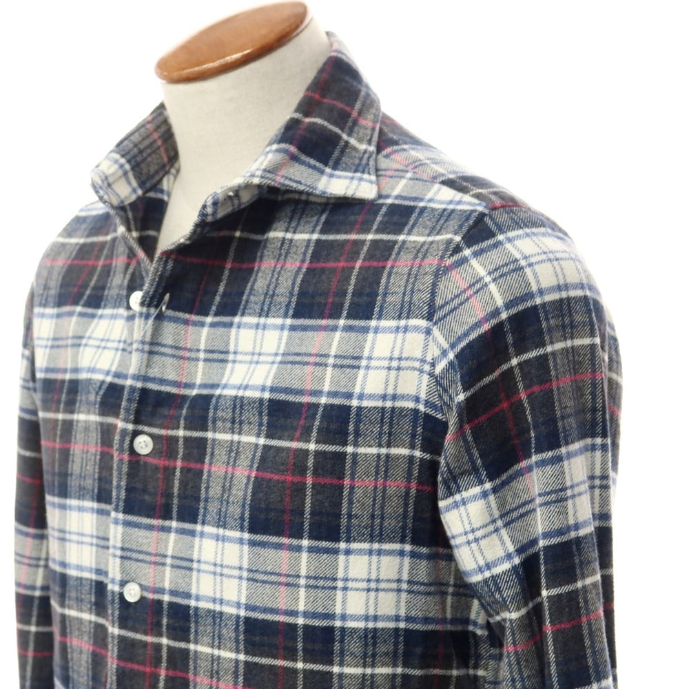 [Used] Finamore Cotton Check Wide Collar Casual Shirt Navy x White [M] [Condition Rank C] [Men&