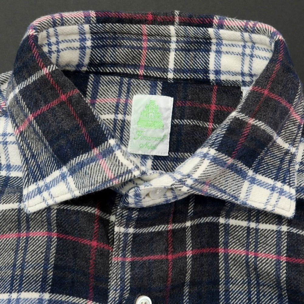 [Used] Finamore Cotton Check Wide Collar Casual Shirt Navy x White [M] [Condition Rank C] [Men&